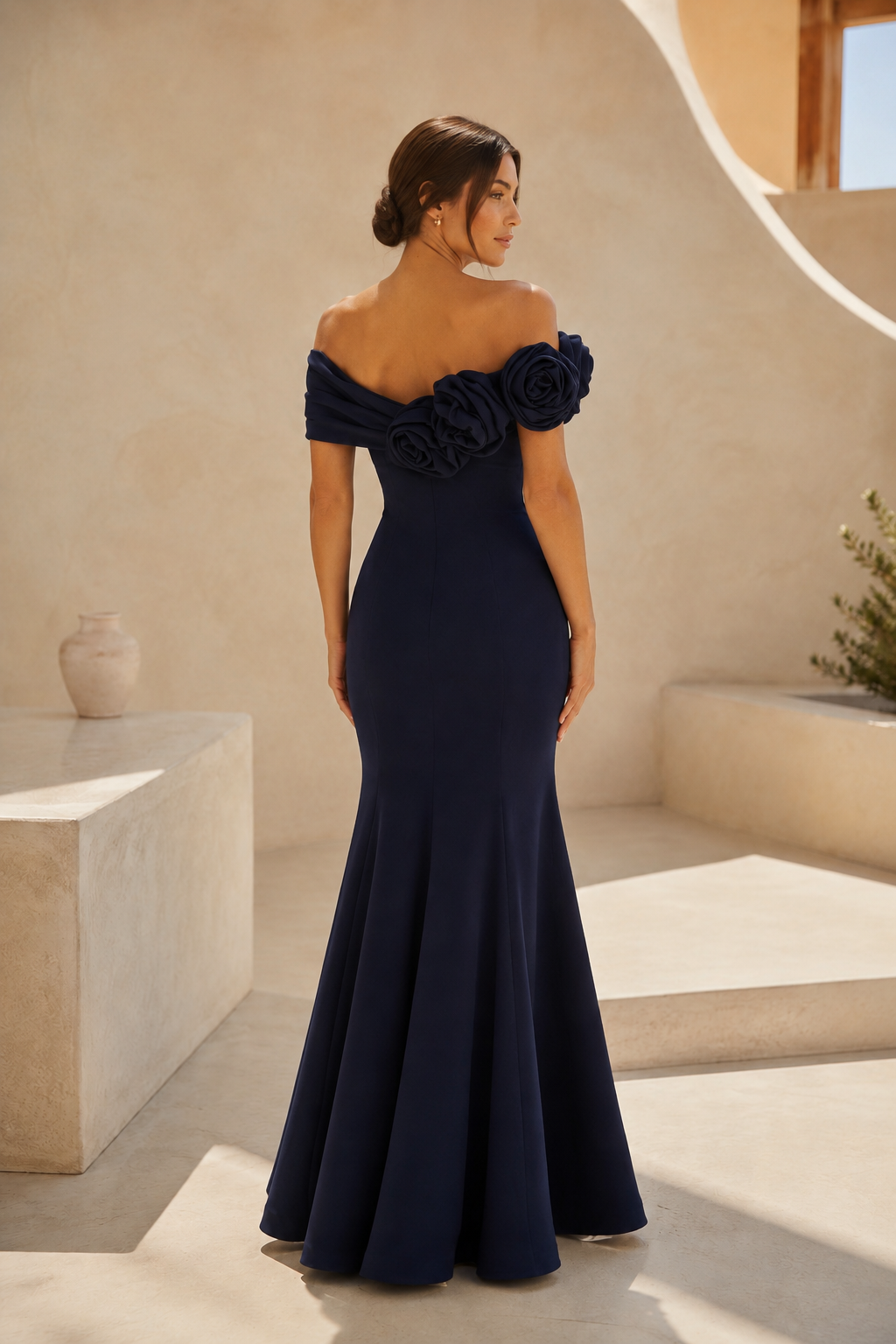 Off-Shoulder Rose Applique Mermaid Evening Gown