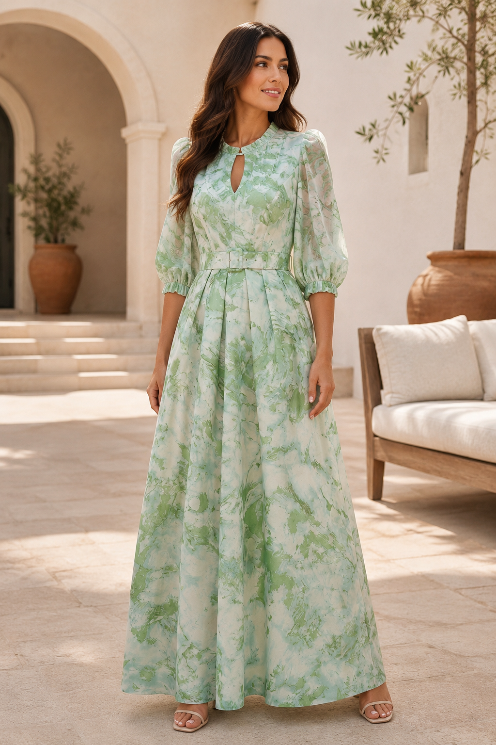 Elegant A-Line Keyhole Printed Maxi Dress
