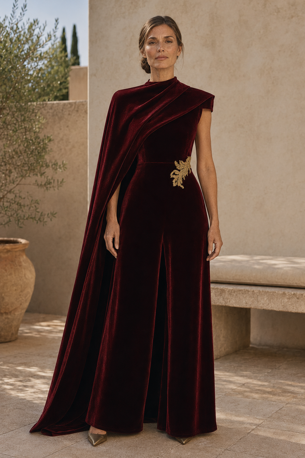 Velvet Wide-Leg Jumpsuit with One-Shoulder Cape