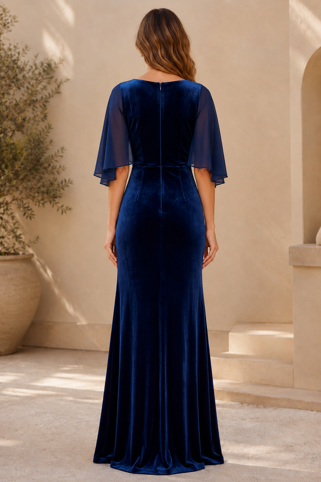 Velvet V-Neck Evening Gown with Flutter Sleeves