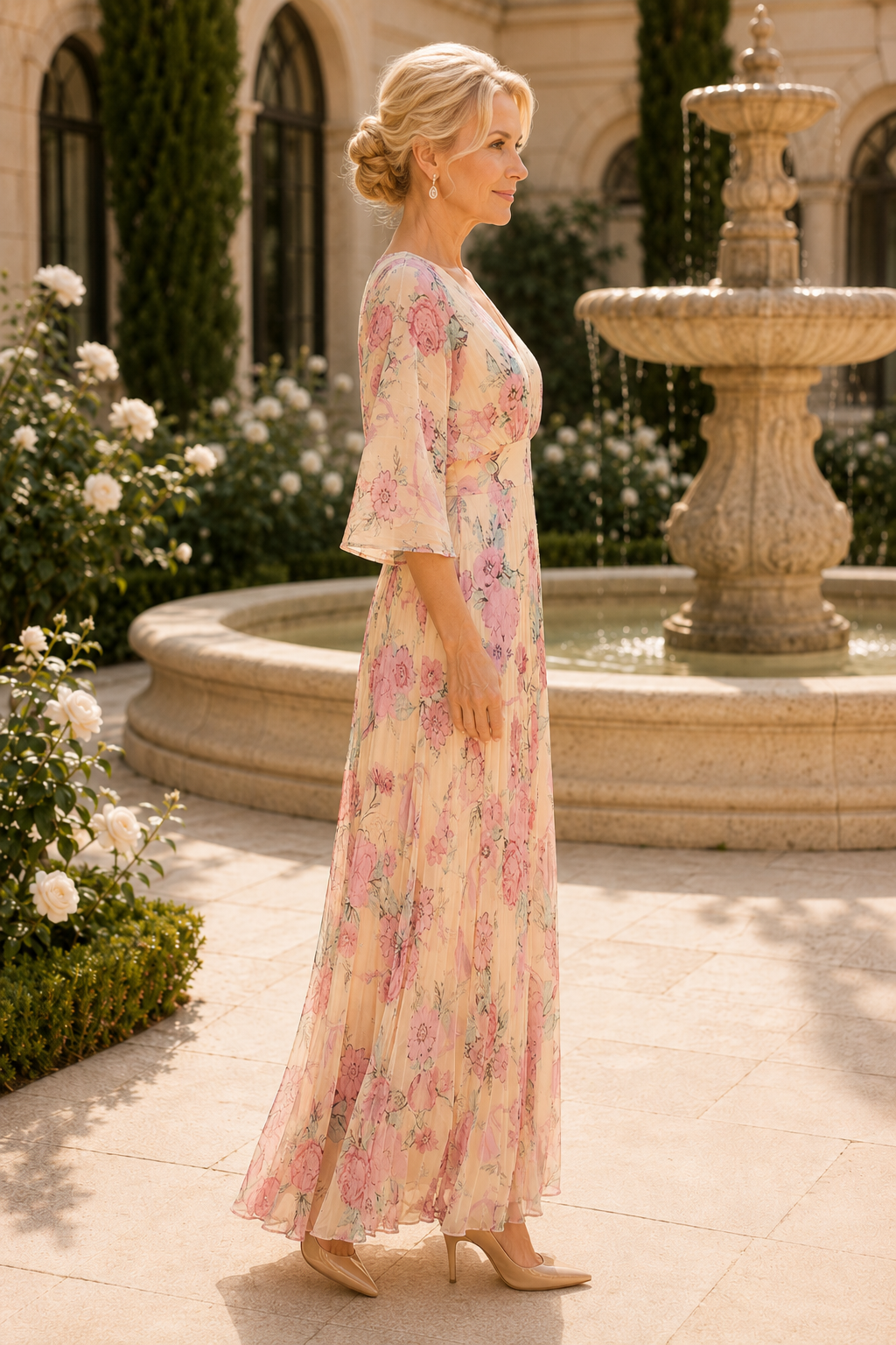 Floral Print Pleated Maxi Dress with Bell Sleeves
