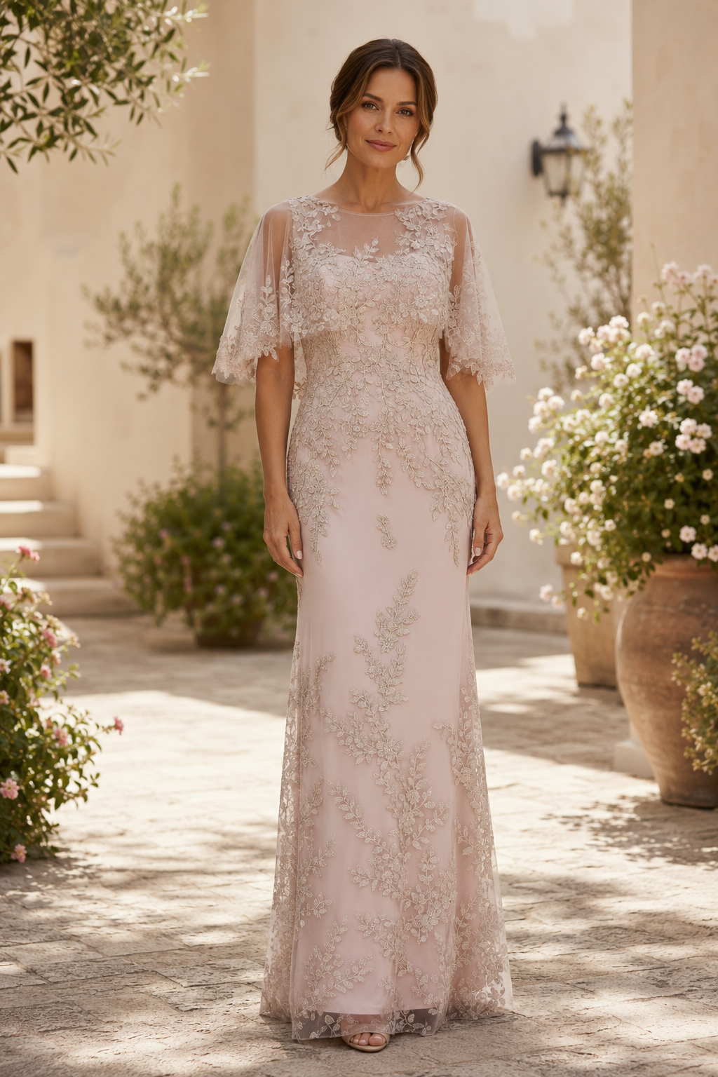 Illusion Neckline Lace Cape Sleeve Evening Gown