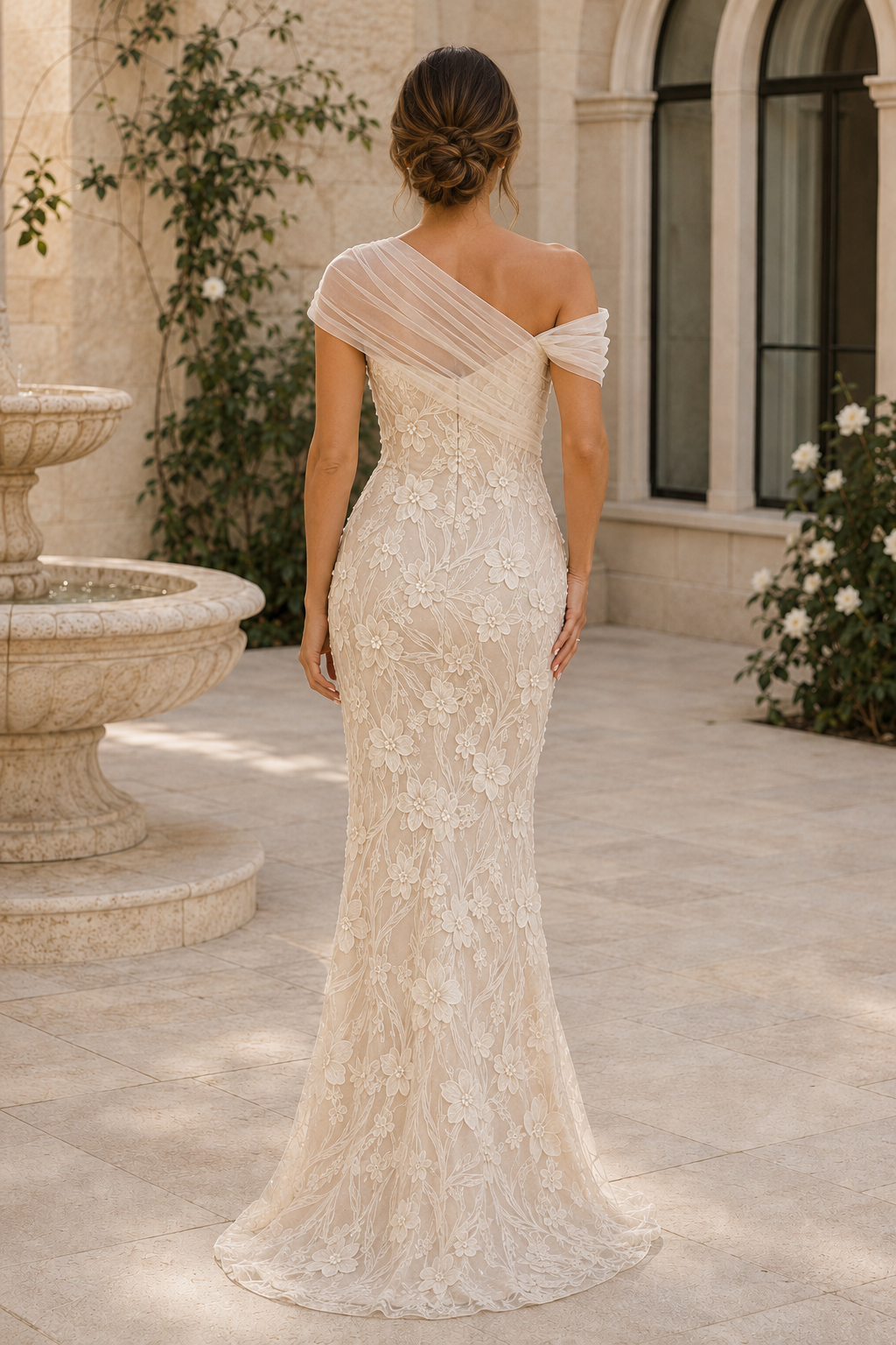 One-Shoulder 3D Floral Lace Mermaid Gown