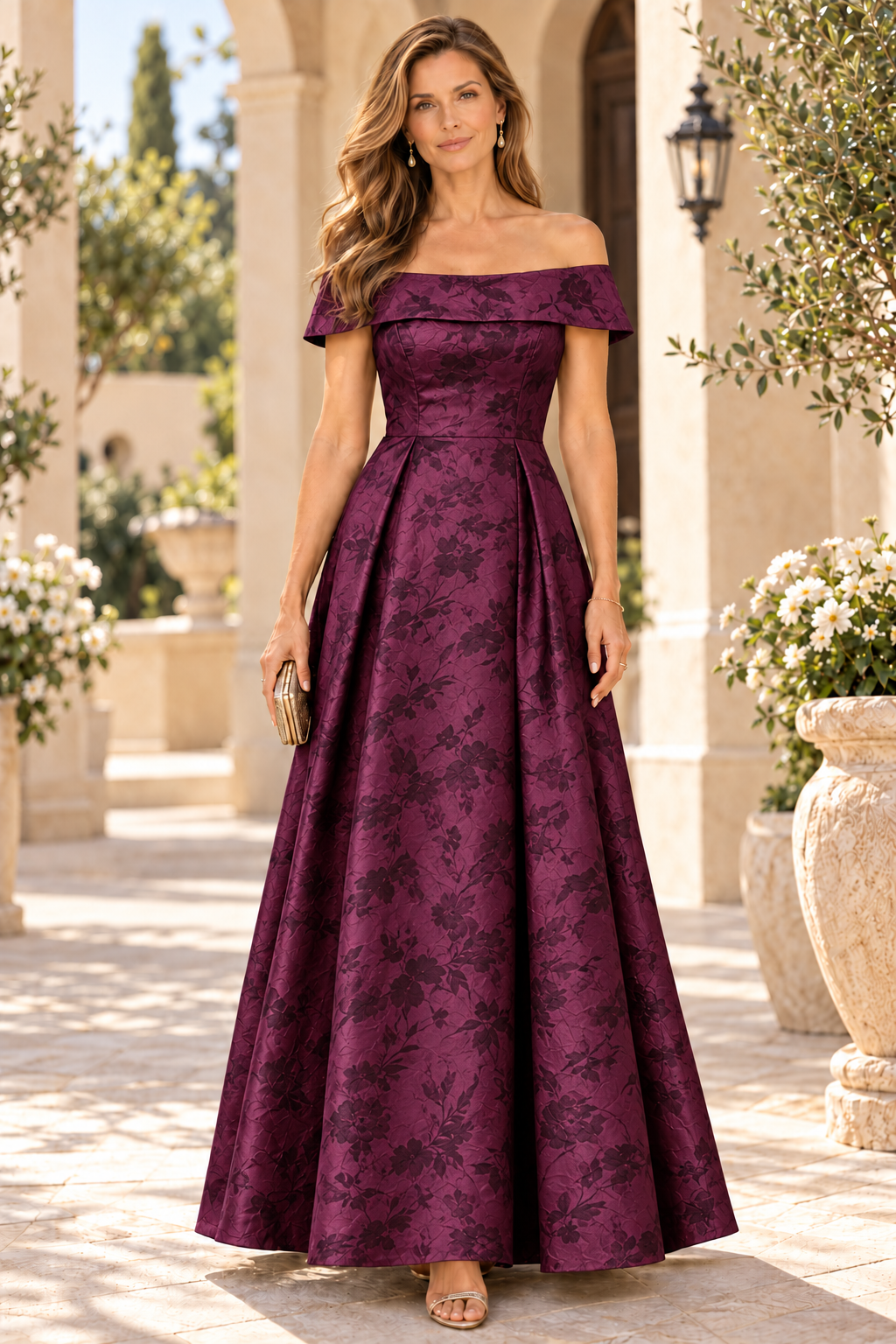 Off-the-Shoulder Jacquard A-Line Gown