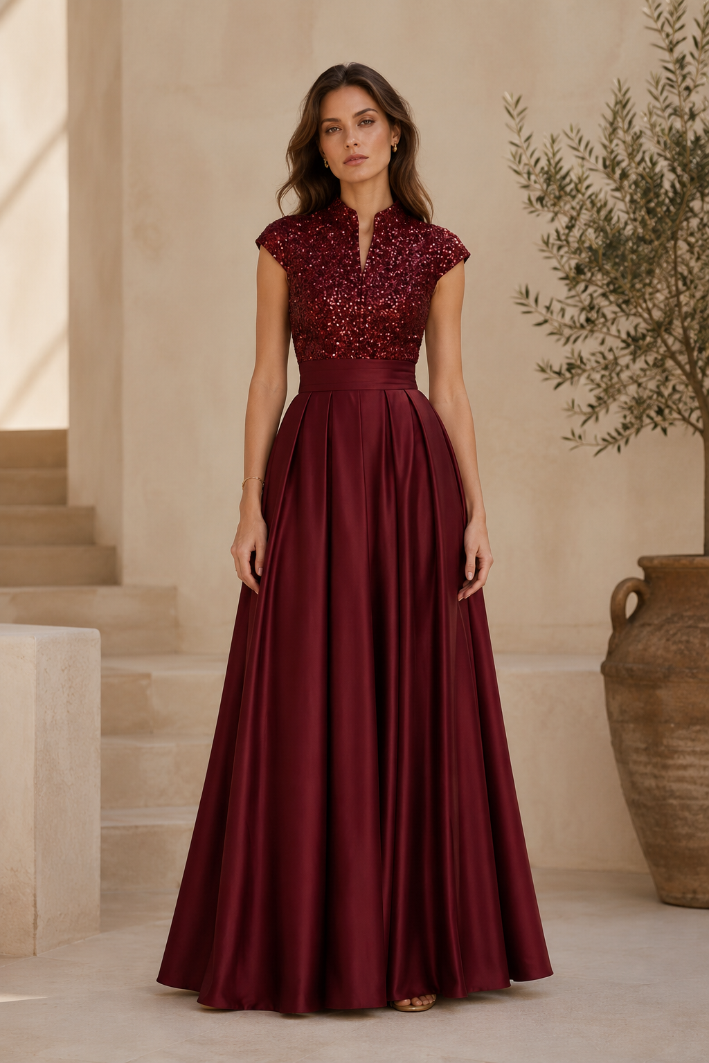 Sequin Bodice Pleated Satin A-Line Gown