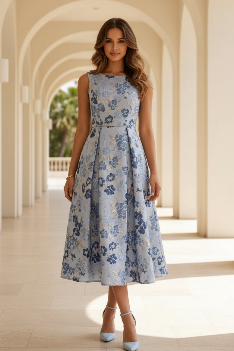 Floral Jacquard Sleeveless Midi A-Line Dress