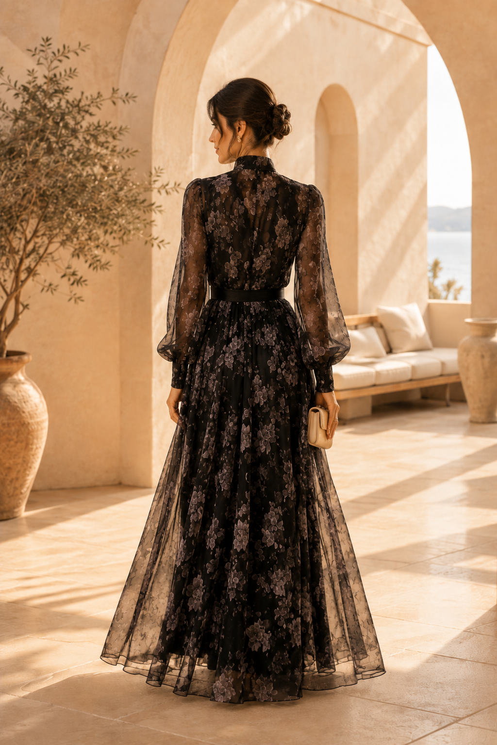 Floral Tie-Neck Maxi Dress with Long Sleeves
