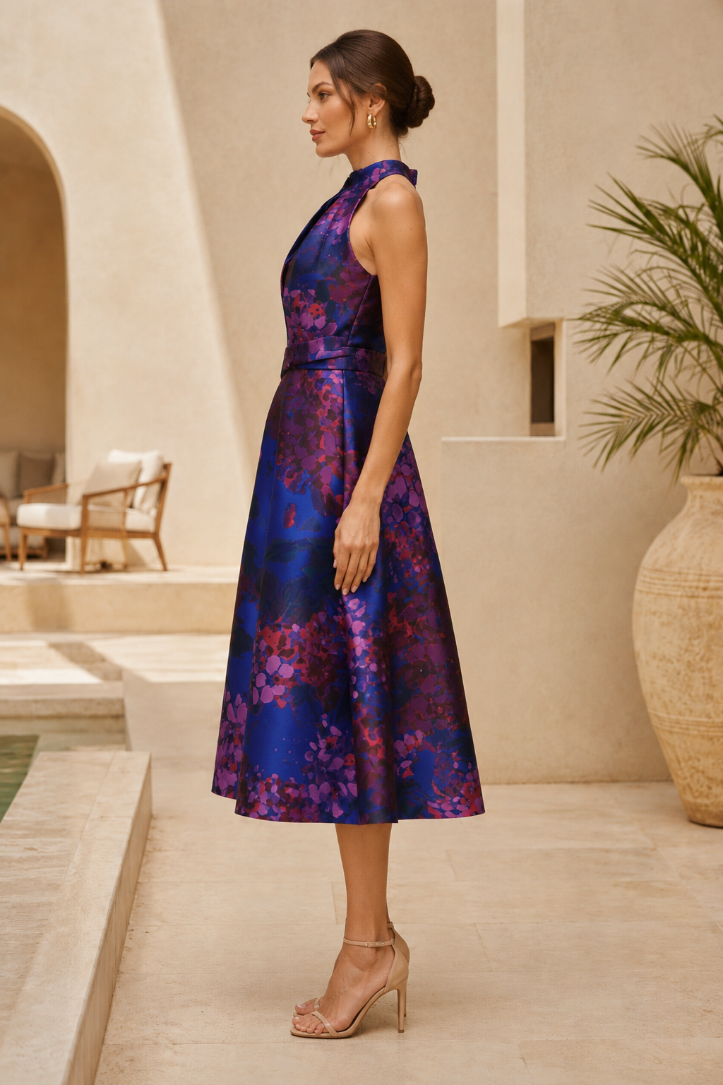 Halter Neck Floral Print A-Line Midi Dress