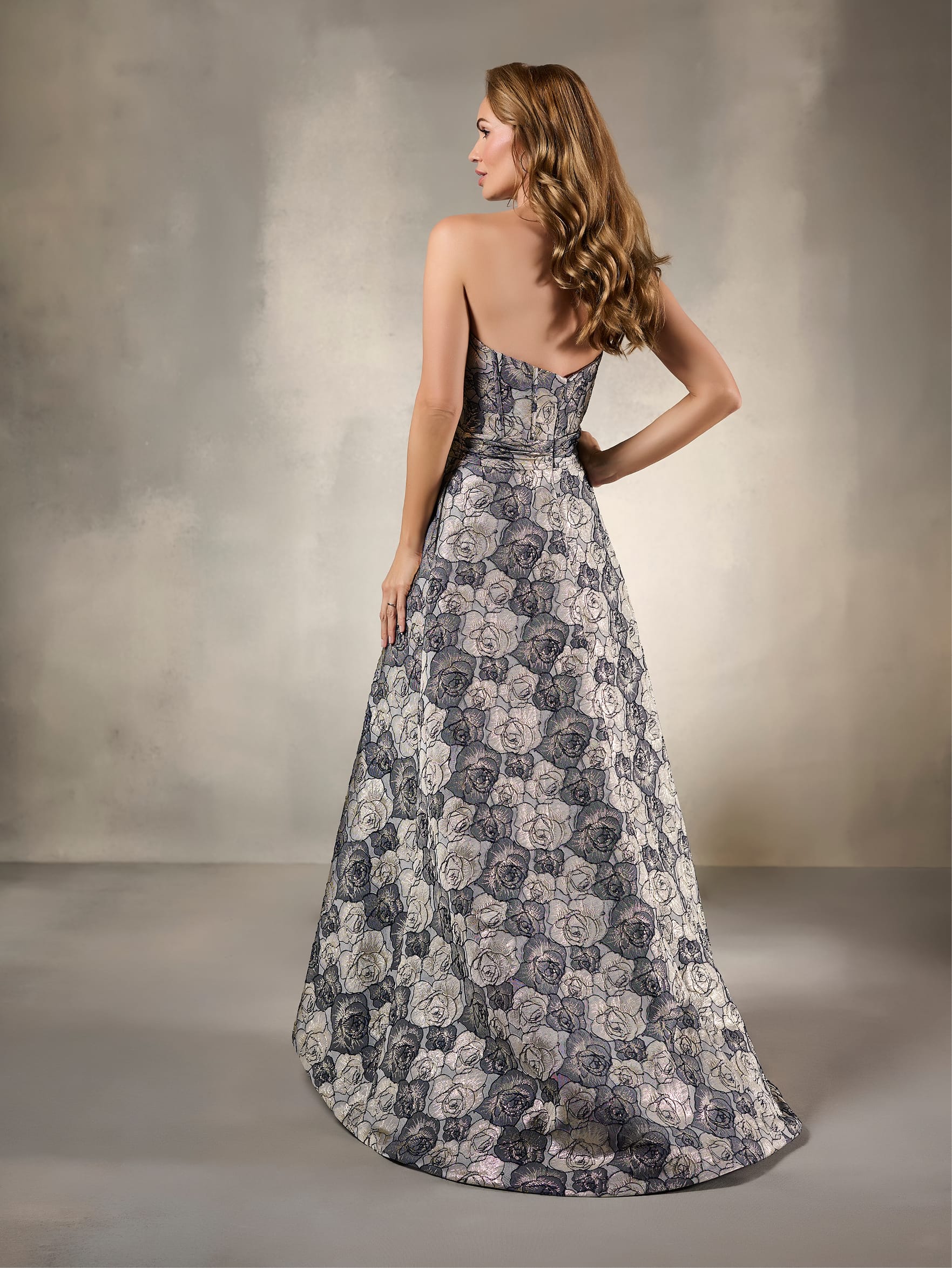 Strapless Floral Jacquard High-Low Evening Gown