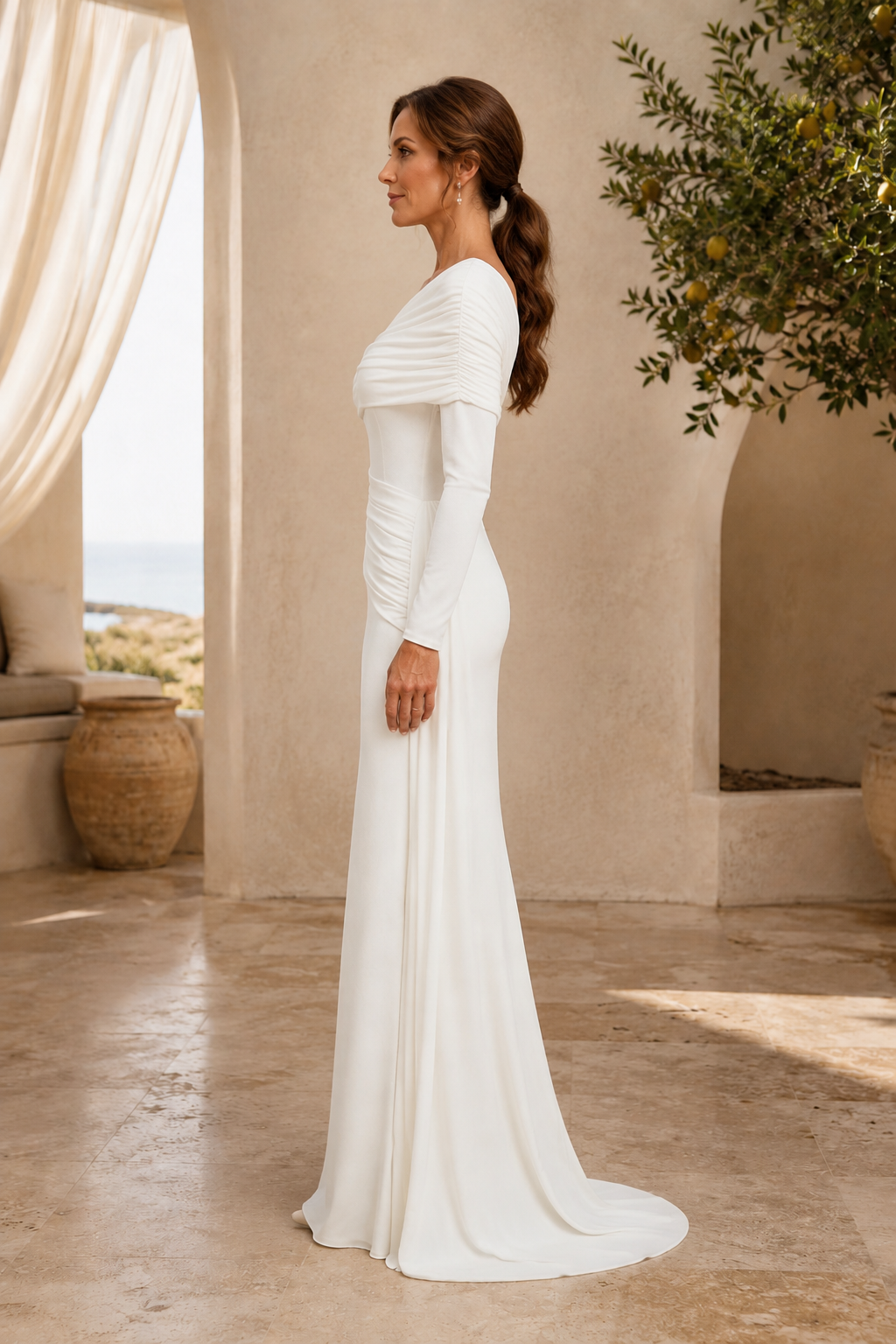 One-Shoulder Ruched Long Sleeve Gown
