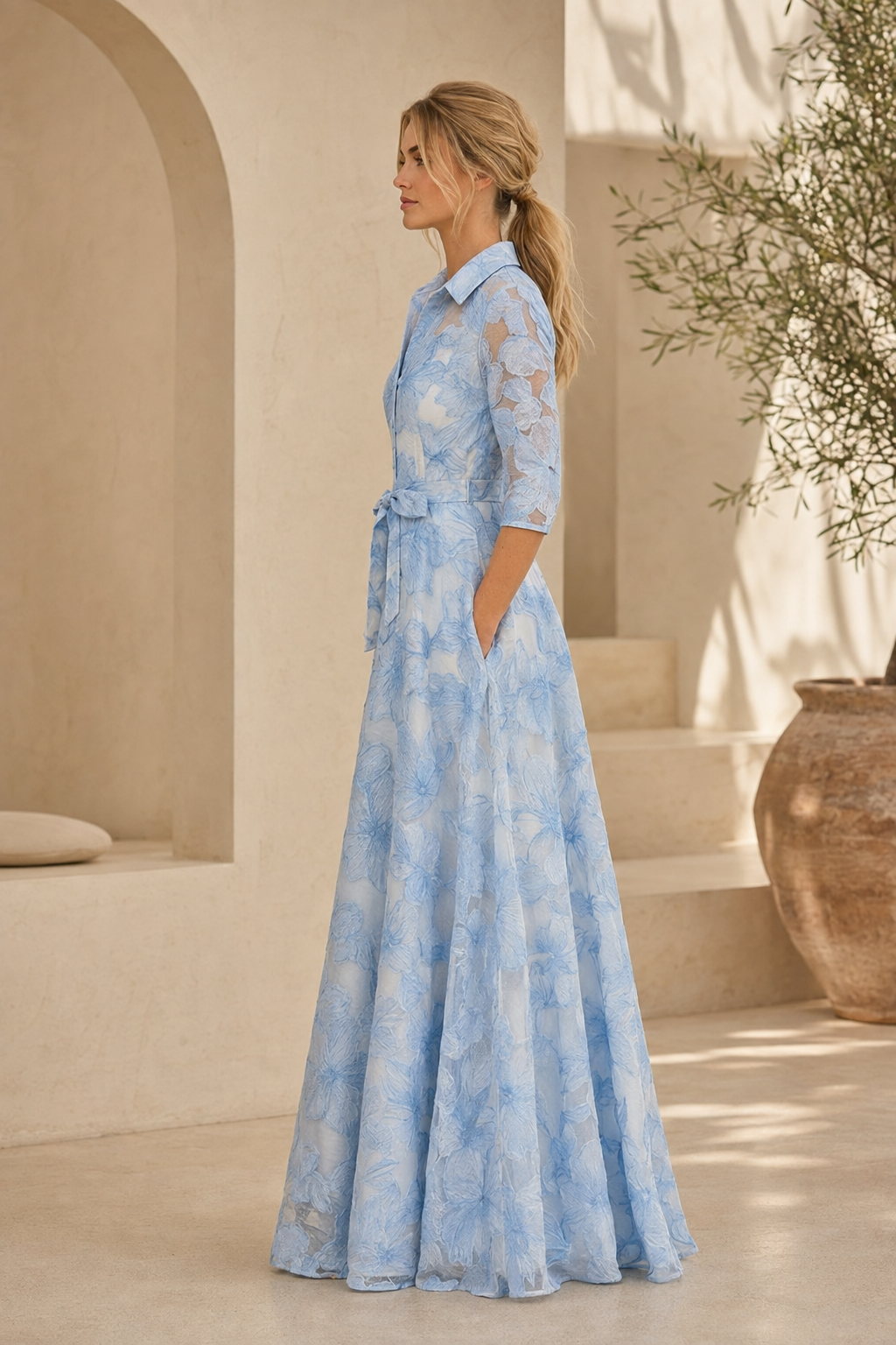 Floral Collared A-Line Gown with 3/4 Sleeves