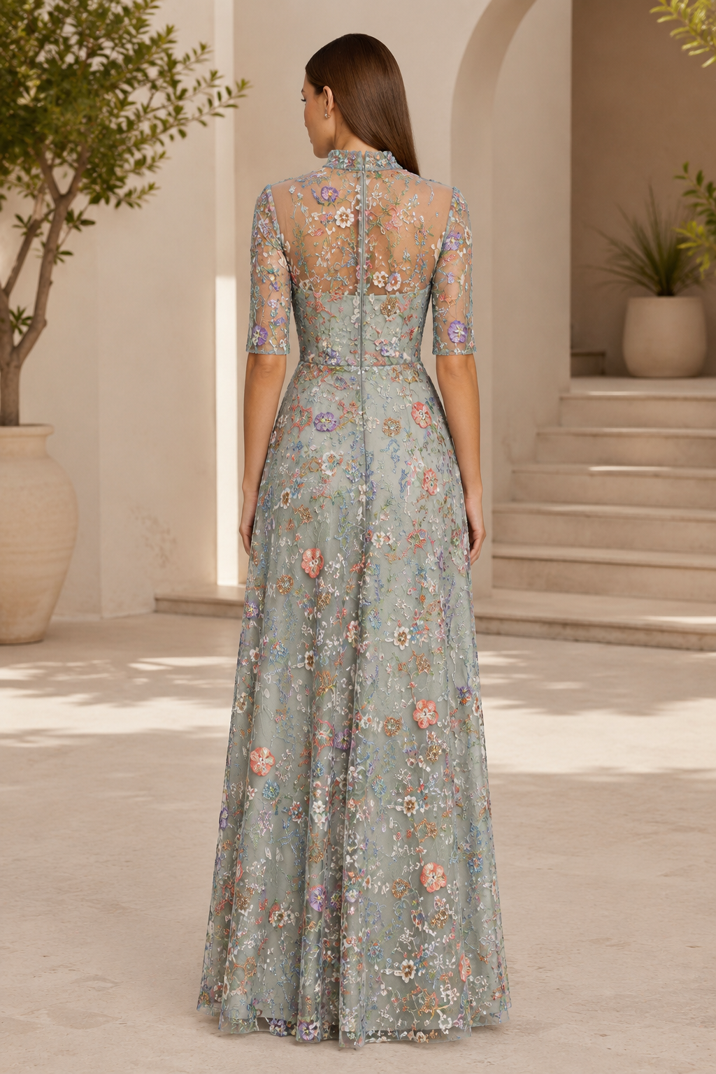 Floral Embroidered Illusion Sleeve A-Line Evening Gown