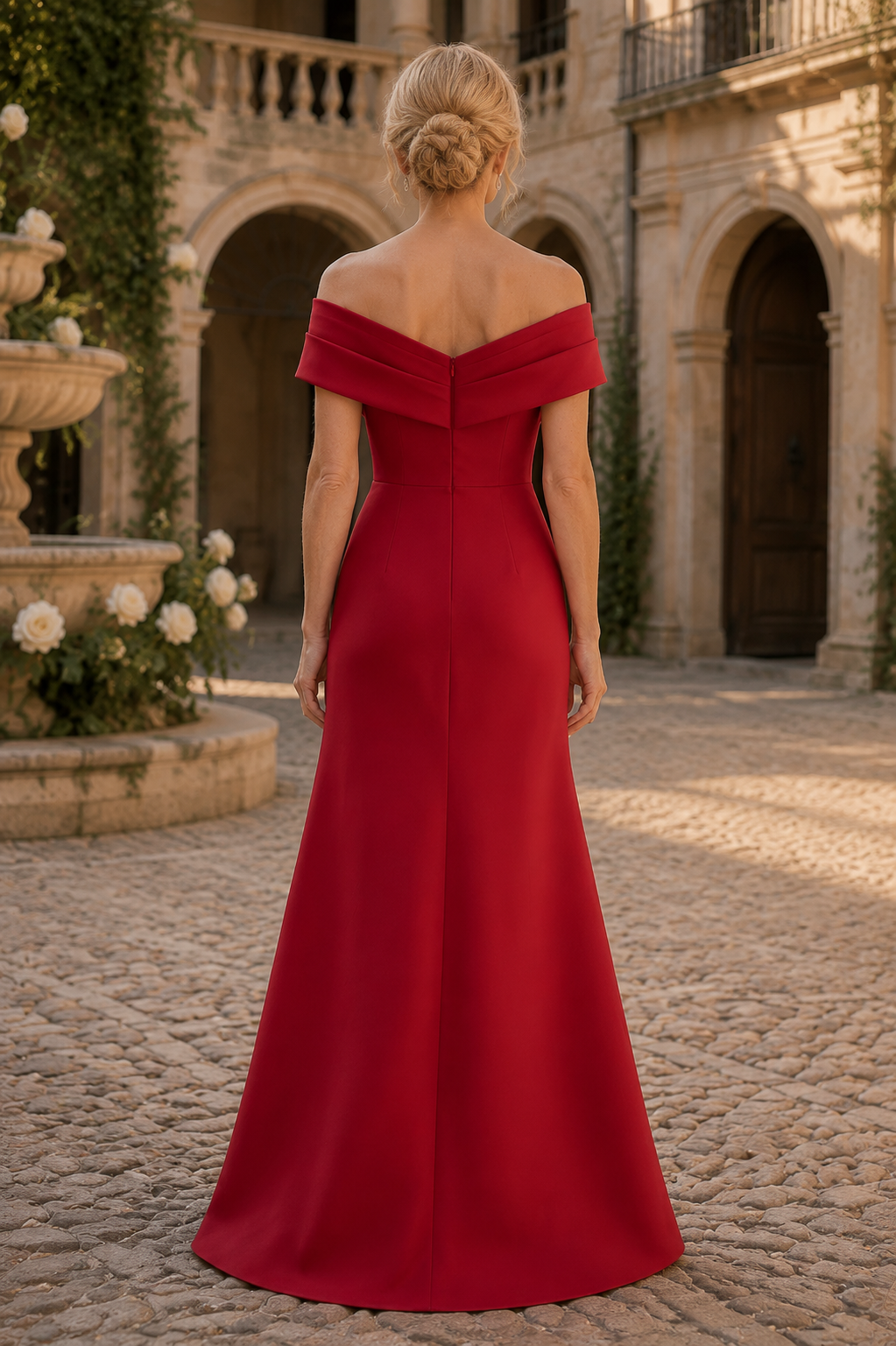 Pleated Off-the-Shoulder Brooch Gown