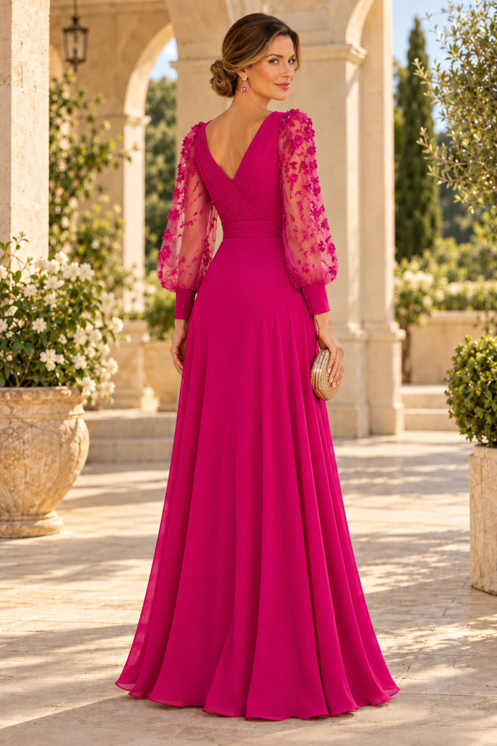 A-Line Gown with 3D Floral Bishop Sleeves