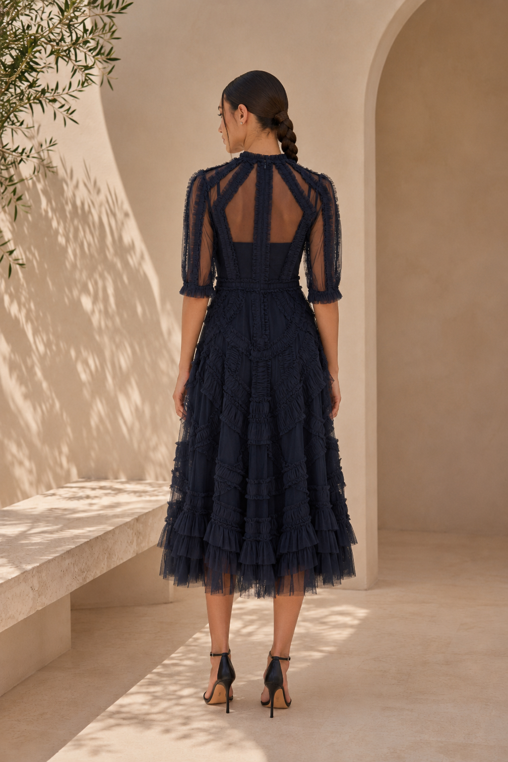 Illusion Neck Tiered Ruffle Tulle Midi Dress