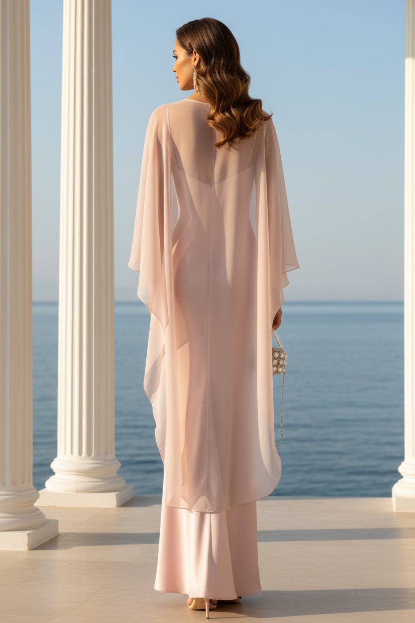 Satin Slip Gown with Sheer Cape