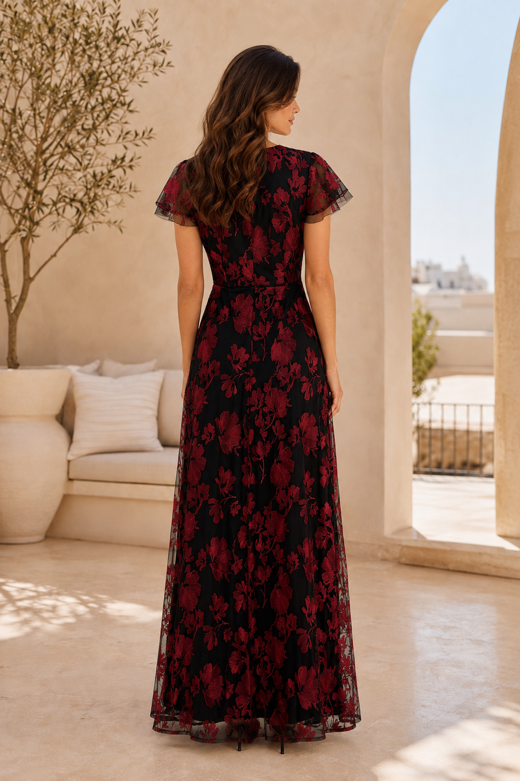 Floral Print Flutter Sleeve V-Neck Maxi Evening Dress