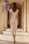 Cowl Neck Jacquard Sheath Dress with Side Slit