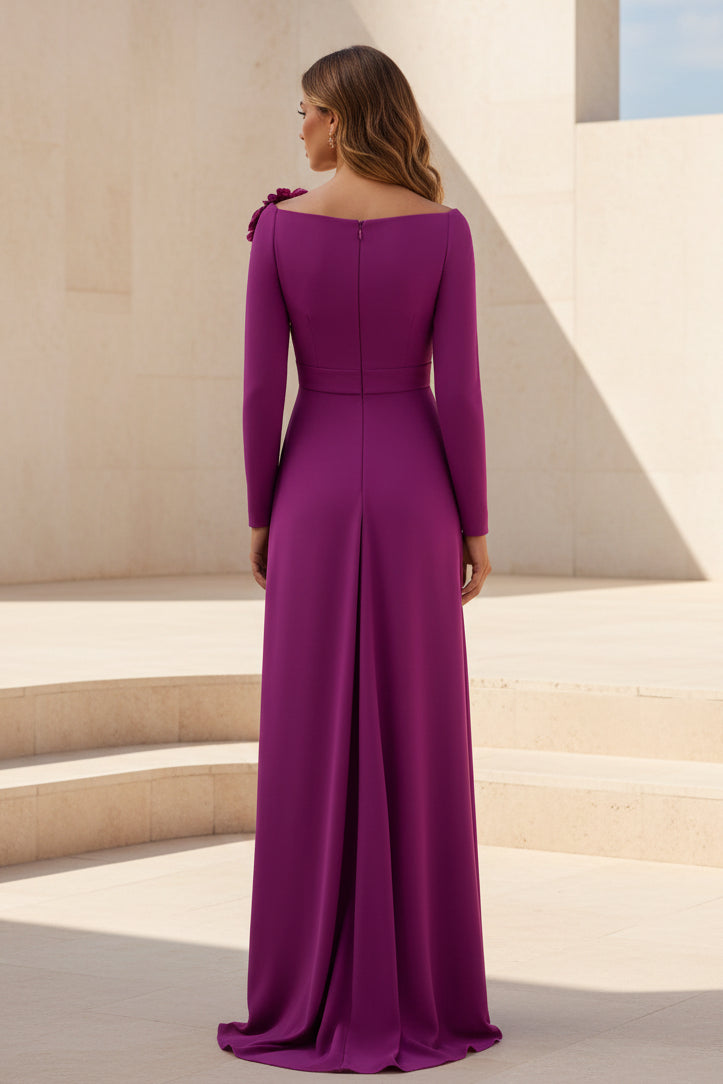 Elegant Long Sleeve Evening Gown with 3D Flower