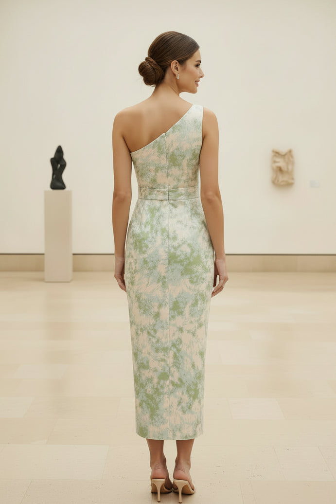 One Shoulder Jacquard Midi Dress with Bow Detail