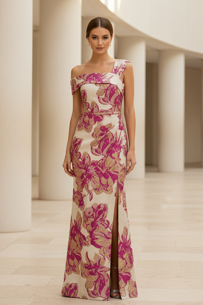 Floral Jacquard One-Shoulder Slit Evening Gown