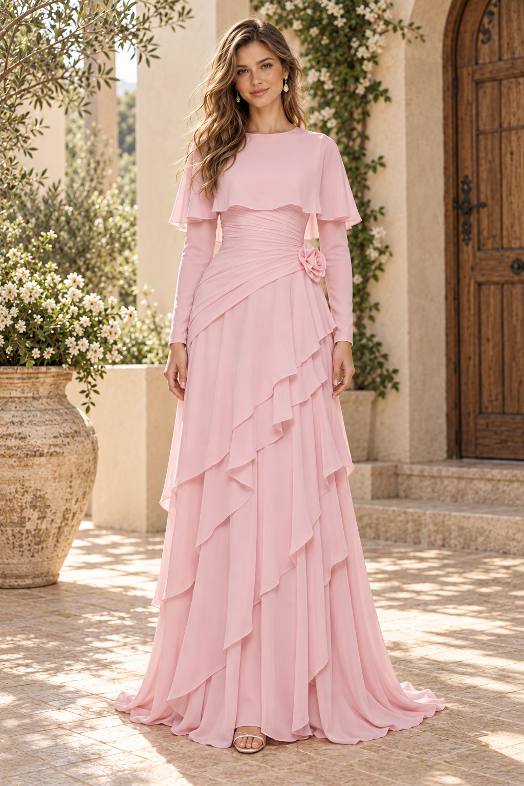Tiered Chiffon Cape Sleeve Evening Dress
