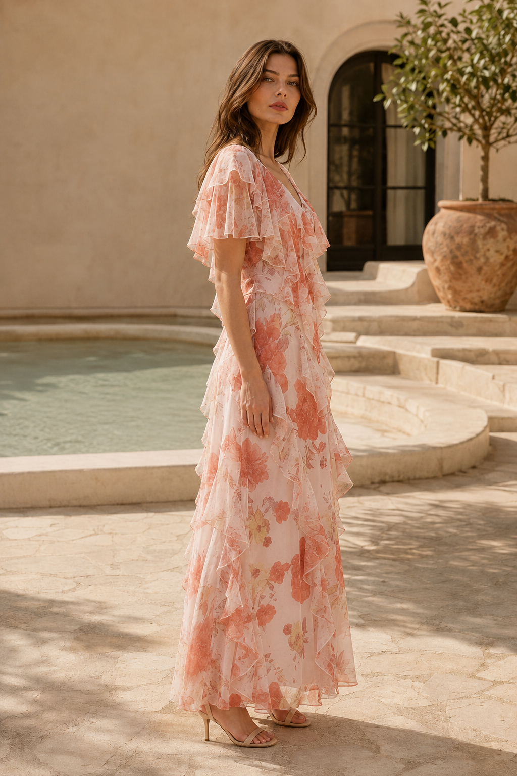 Floral Print Ruffled Maxi Dress with V-Neck