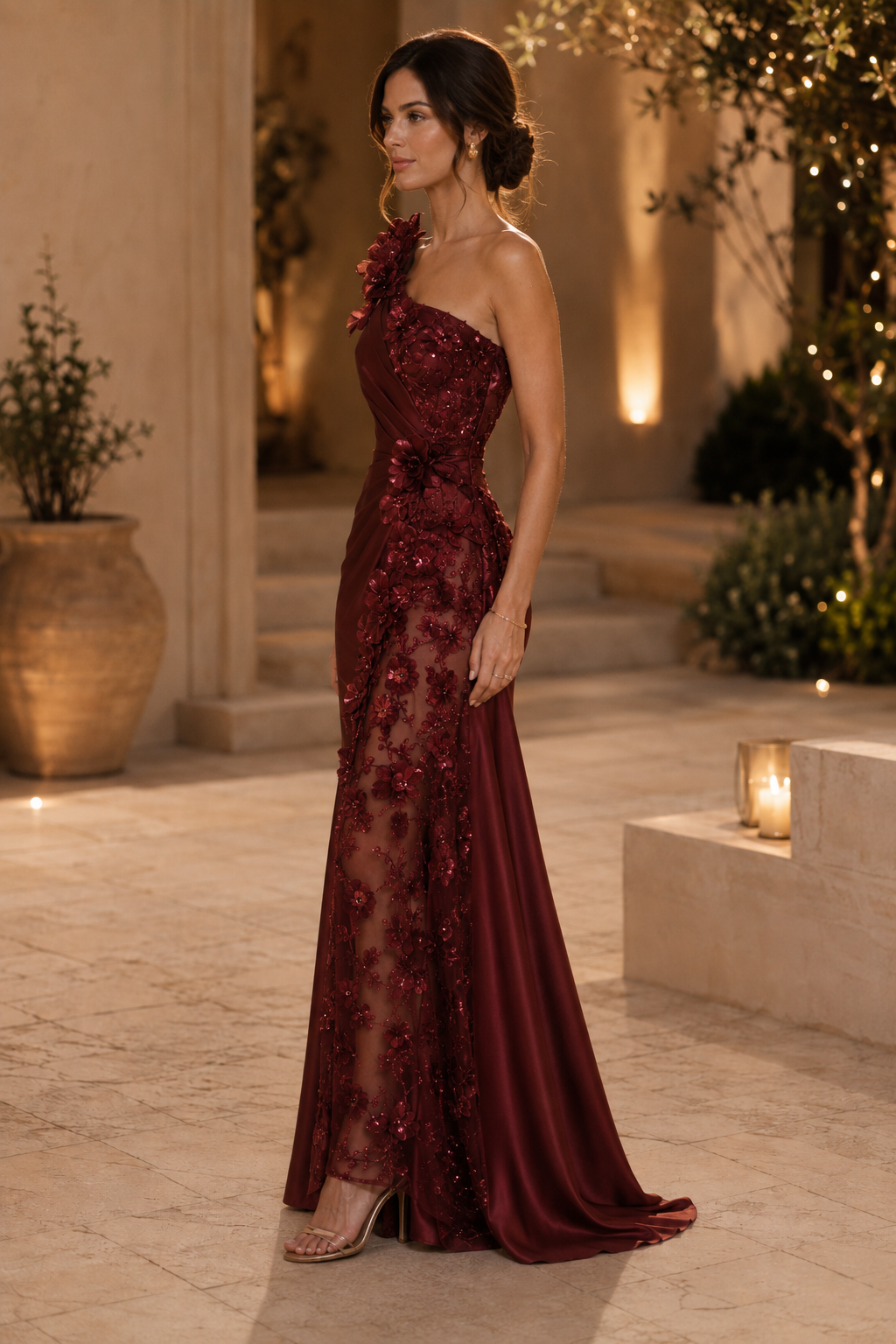 One-Shoulder Floral Applique Satin Gown