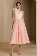 One-Shoulder 3D Floral Rosette Midi Dress