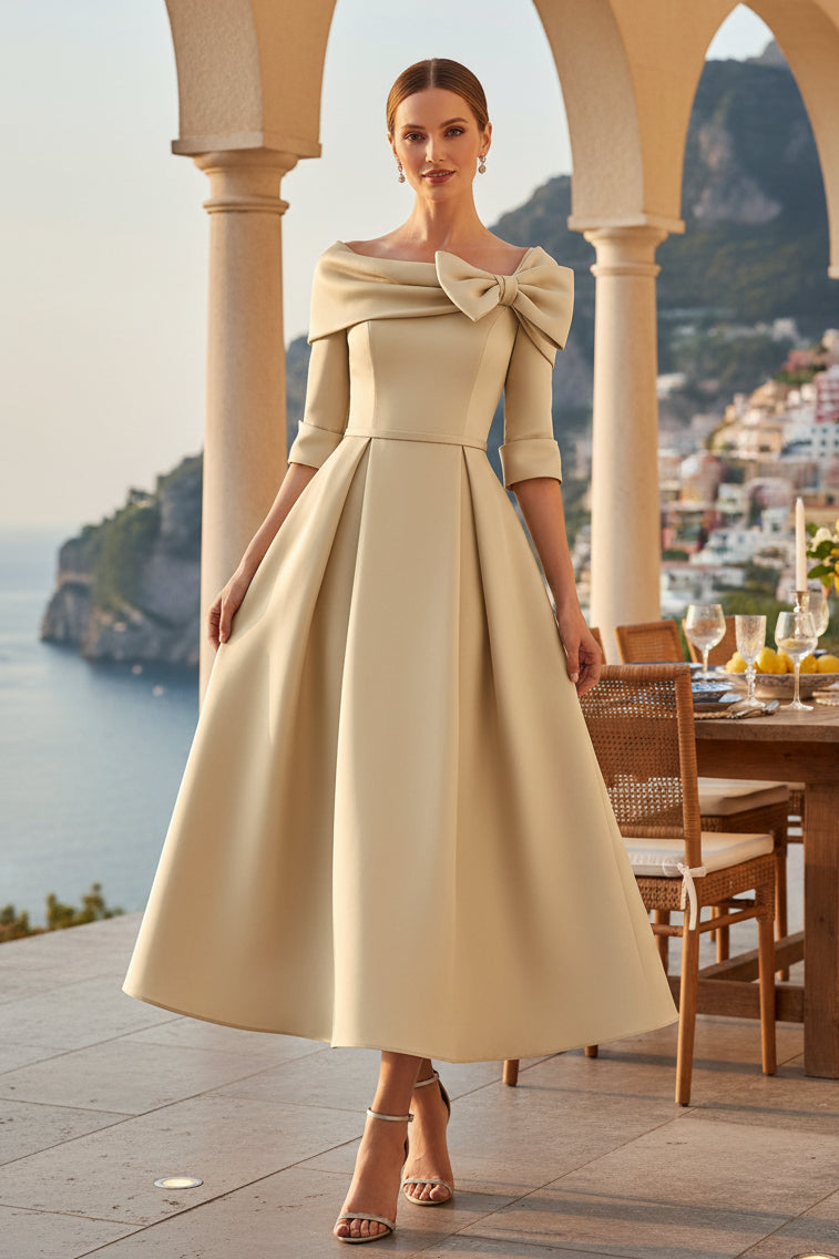 Off-the-Shoulder Tea-Length A-Line Dress with Bow