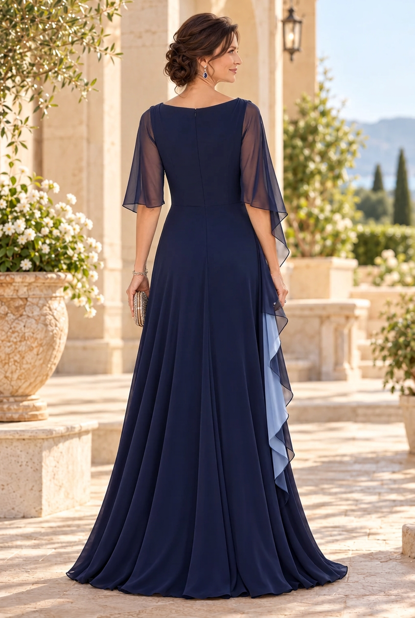 Embroidered Capelet Gown with Inset Skirt