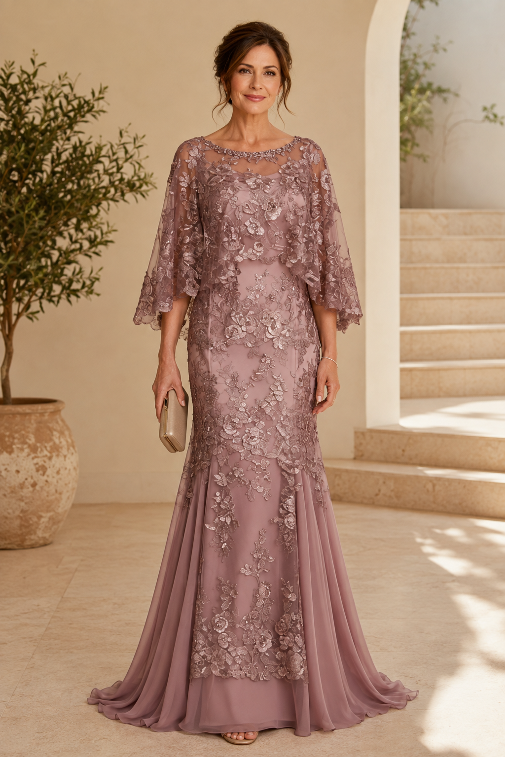 Embroidered Capelet Trumpet Gown
