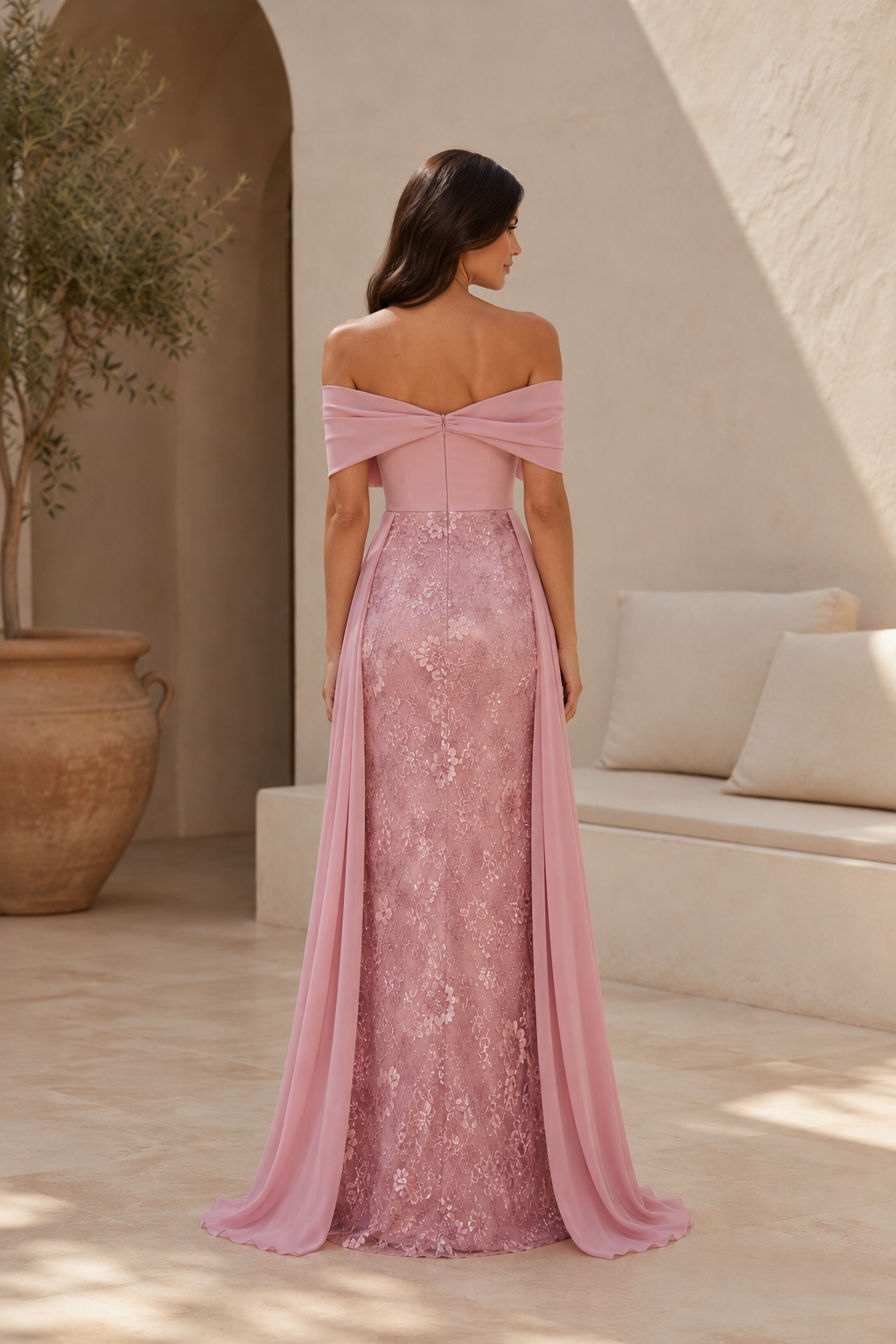 Off-Shoulder Lace Gown with Chiffon Streamer Details