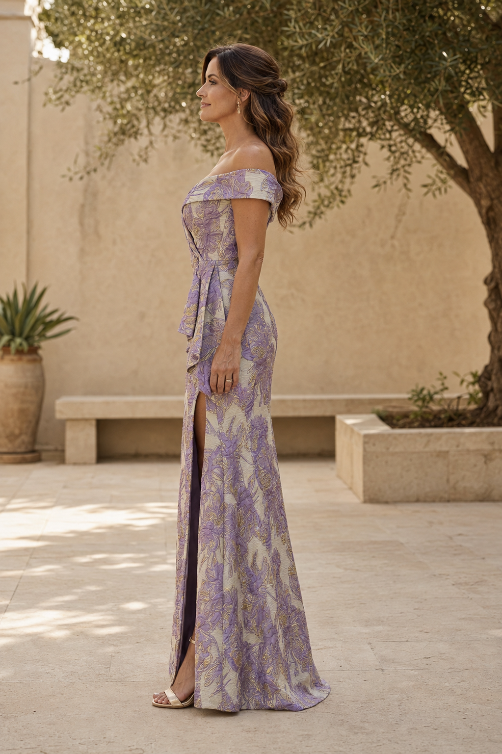 Off-the-Shoulder Floral Jacquard Gown with High Slit