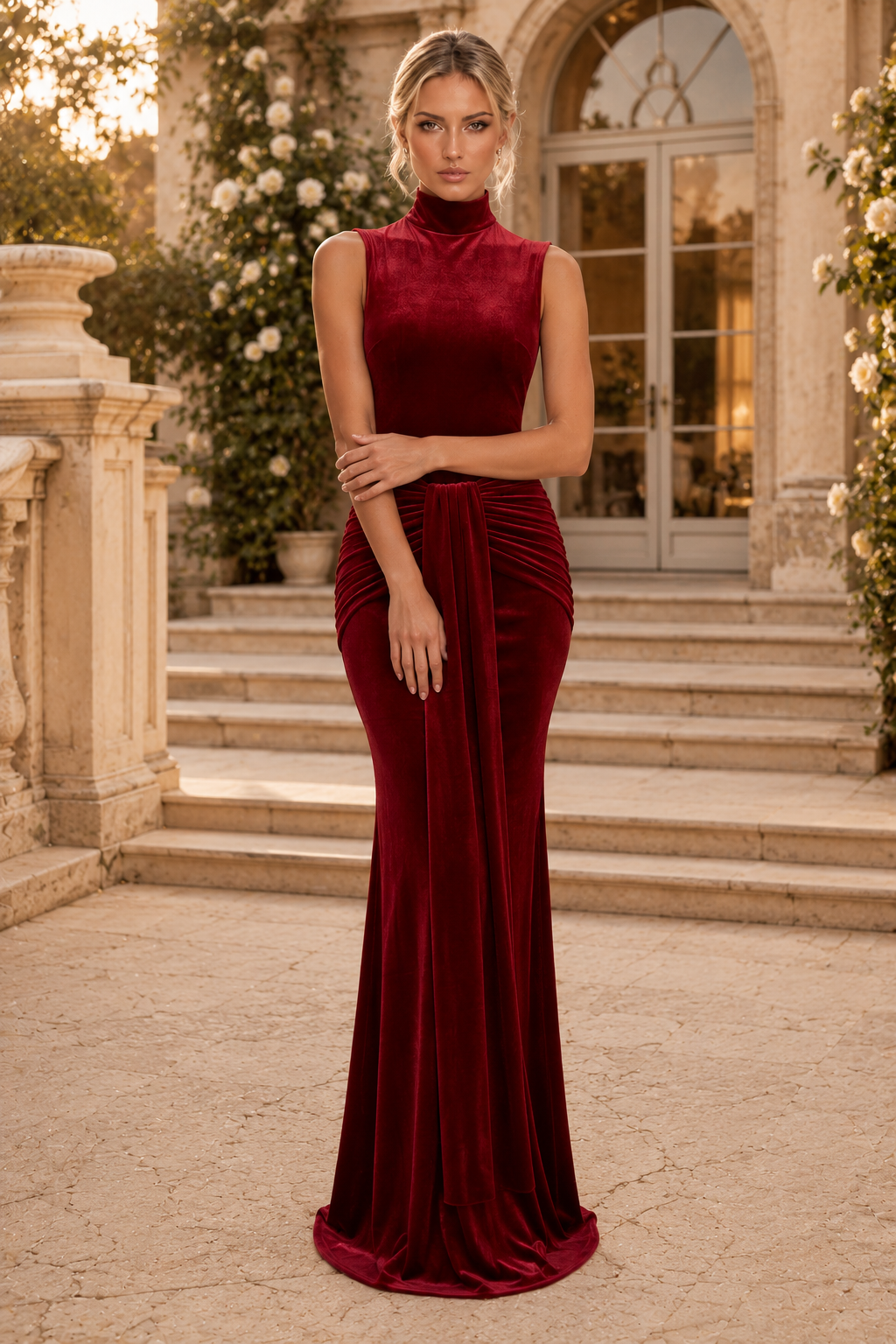 High-Neck Sleeveless Velvet Gown with Draped Front