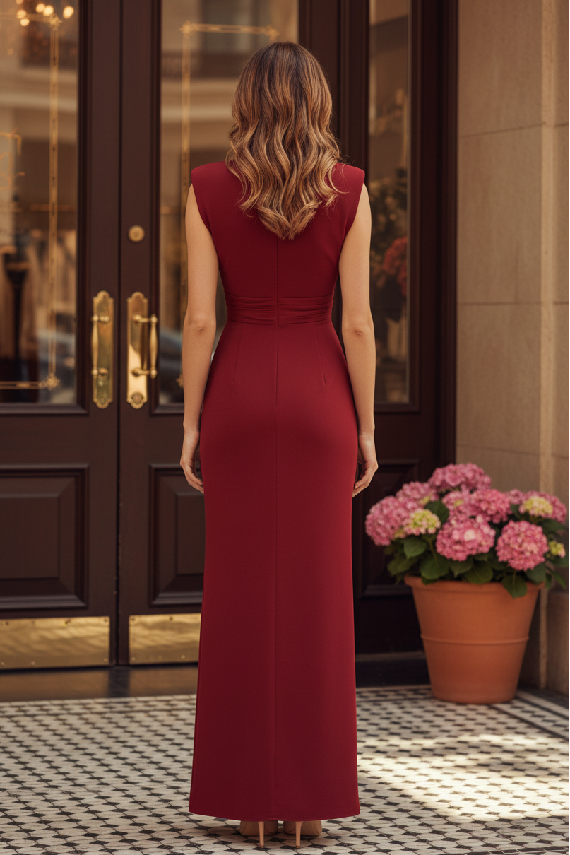 Deep V High Slit Ruffle Evening Gown