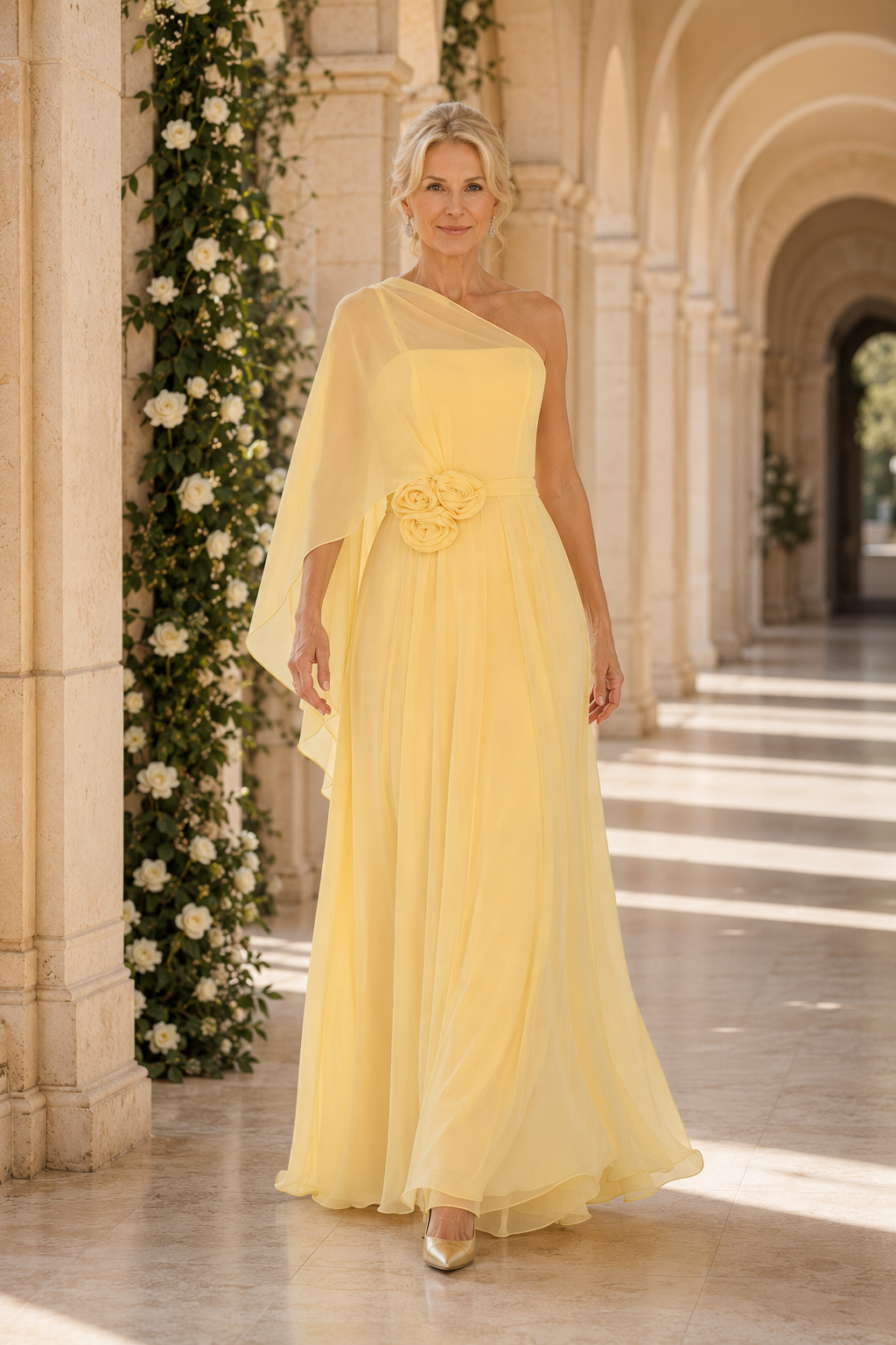 One-Shoulder Cape A-Line Chiffon Gown with Floral Detail