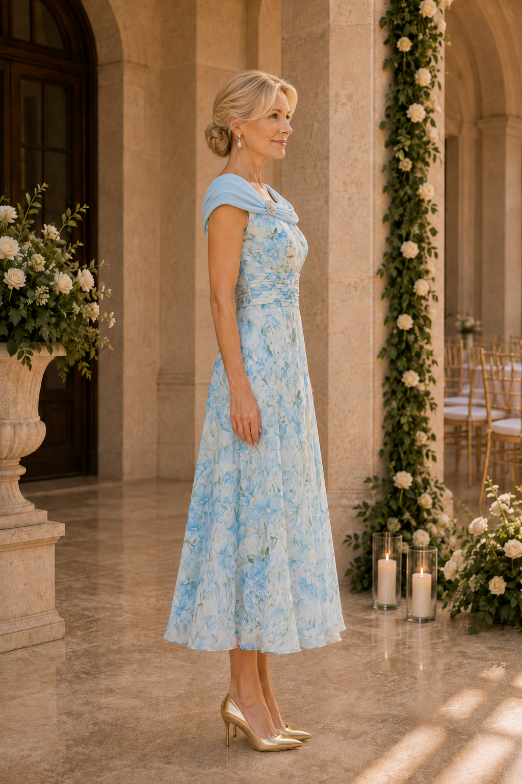 Floral Tea-Length Dress with Draped Neckline