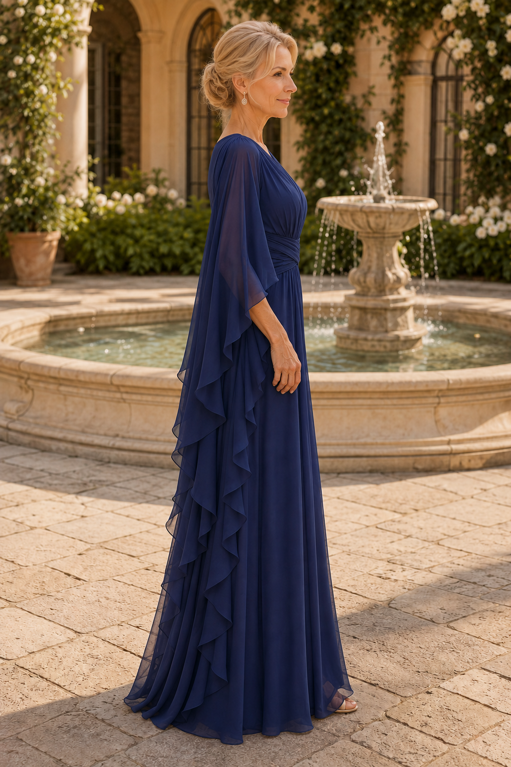 A-Line Chiffon Gown with Flutter Cape Sleeves
