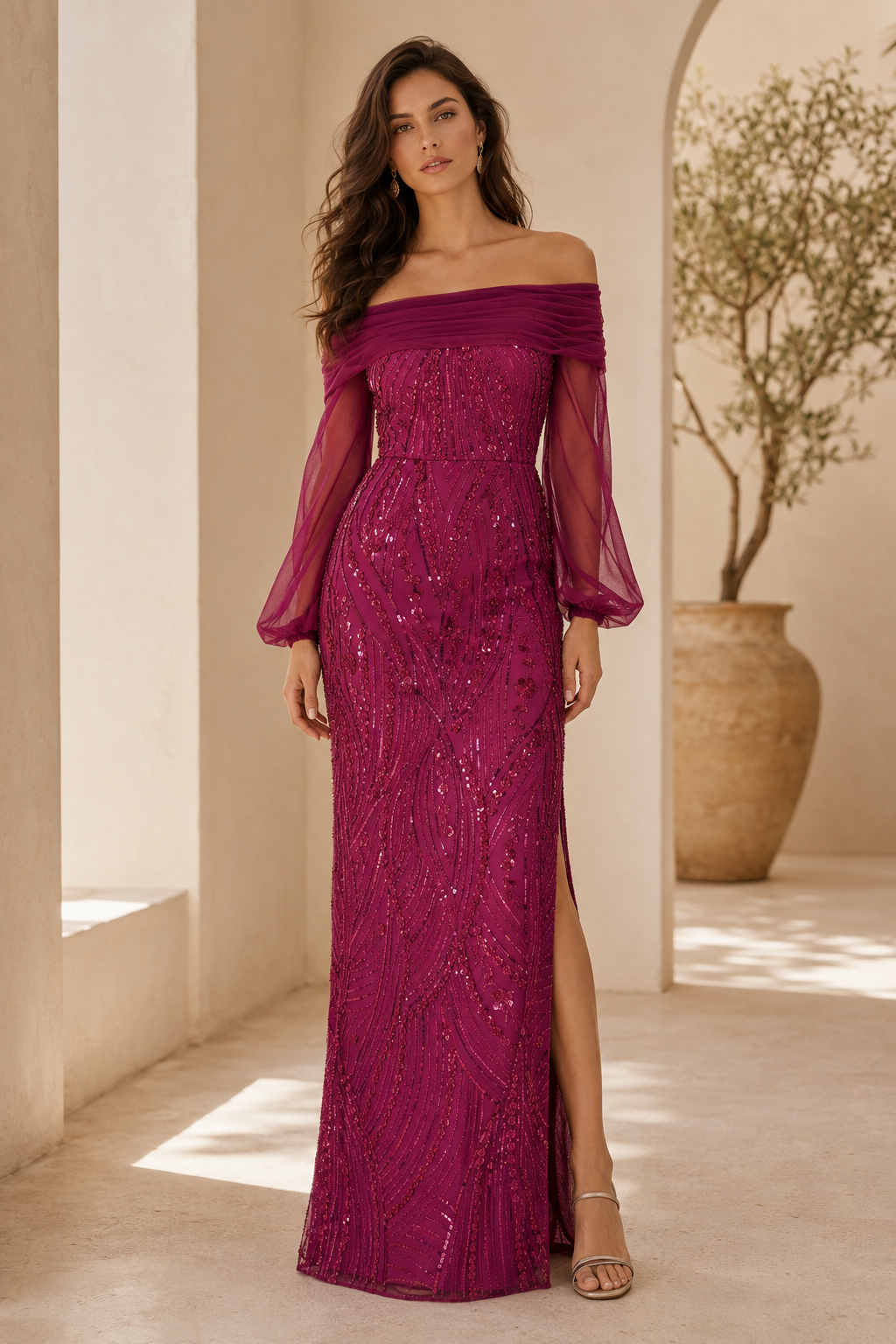 Off-Shoulder Sequin Gown with Sheer Sleeves & High Slit