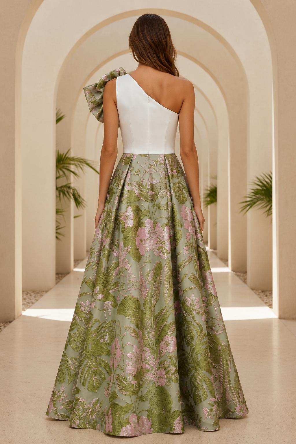 One Shoulder Floral Jacquard A-Line Evening Gown