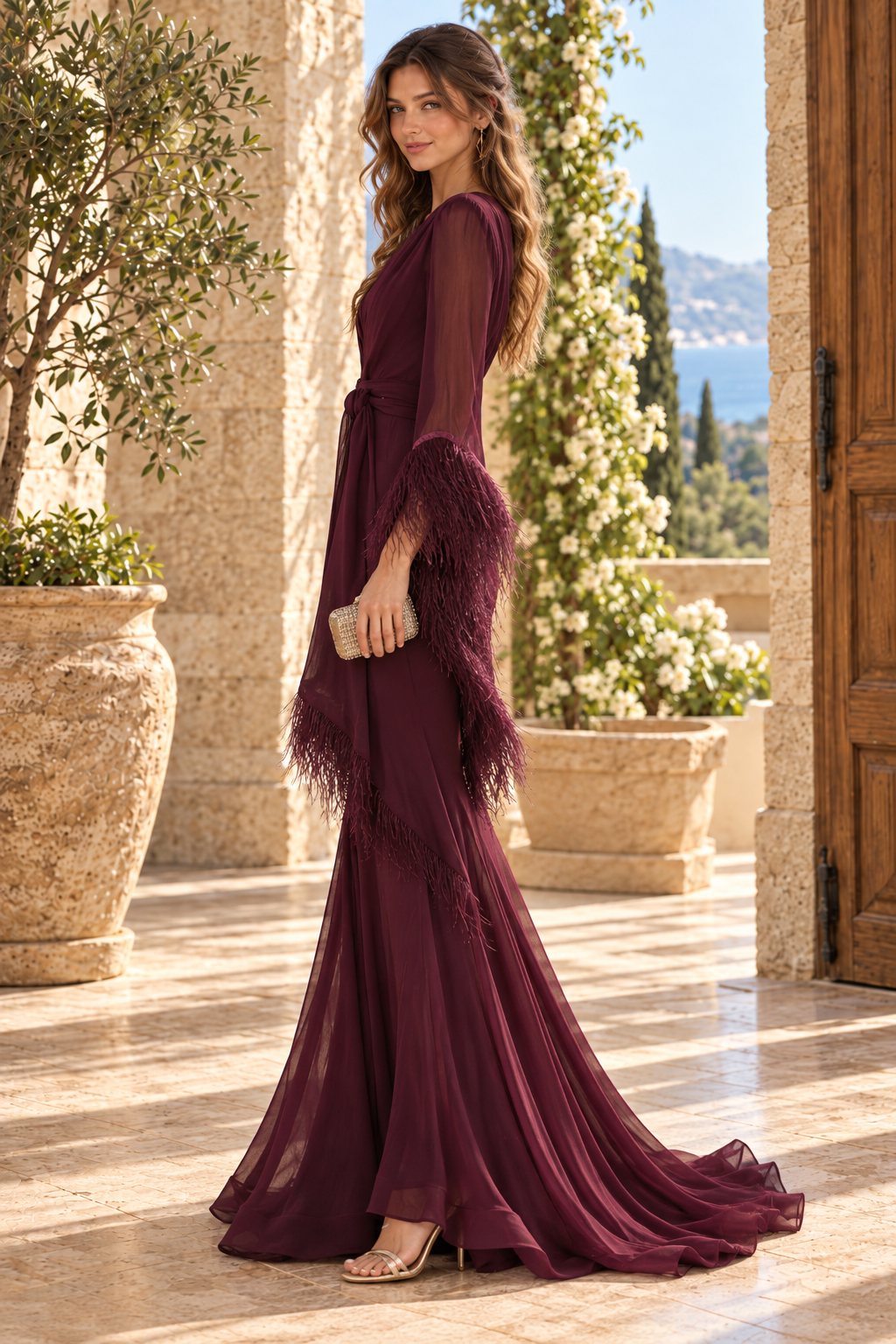 Feather-Cuff V-Neck Evening Gown with Sash