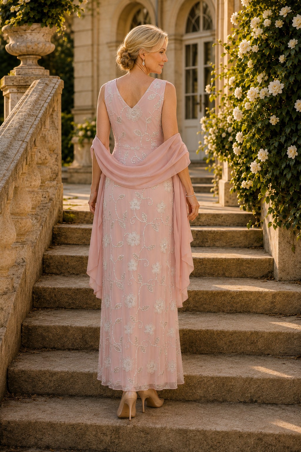 Floral Beaded Sleeveless Maxi Dress with Shawl