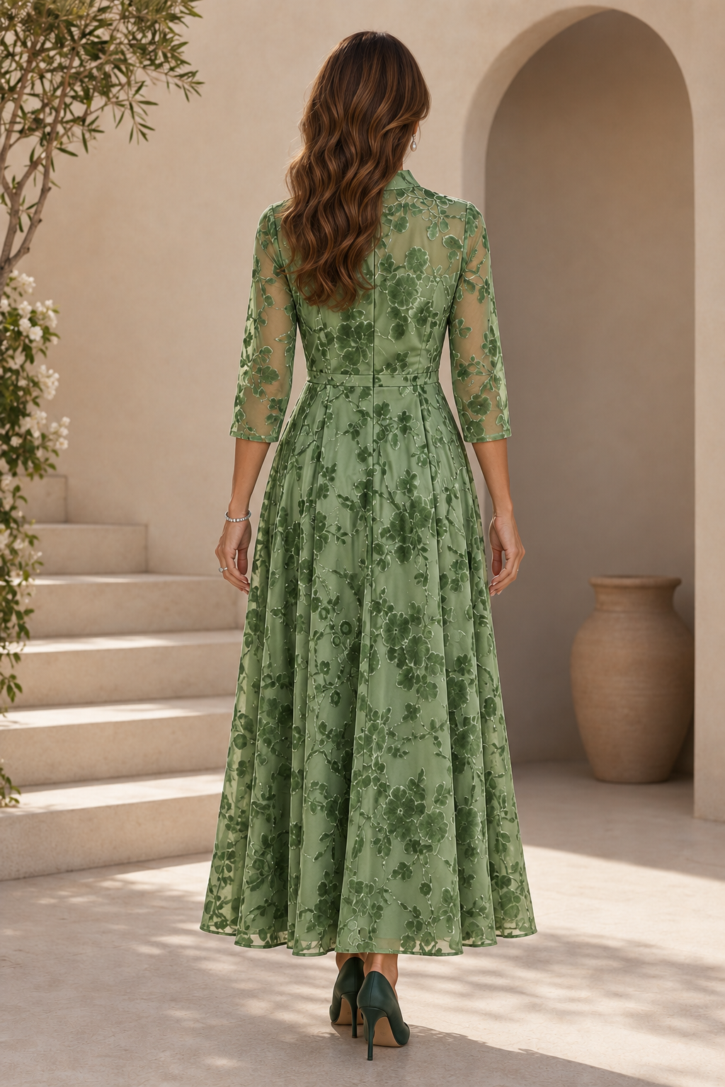 Floral Velvet 3/4 Sleeve A-Line Midi Dress