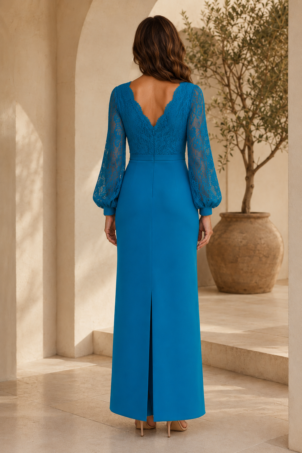 Lace Long Sleeve V-Neck Column Evening Gown