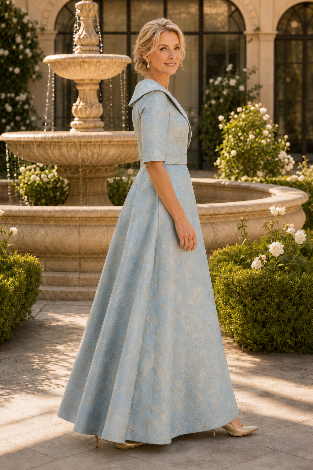 Collared Brocade A-Line Gown with Elbow Sleeves