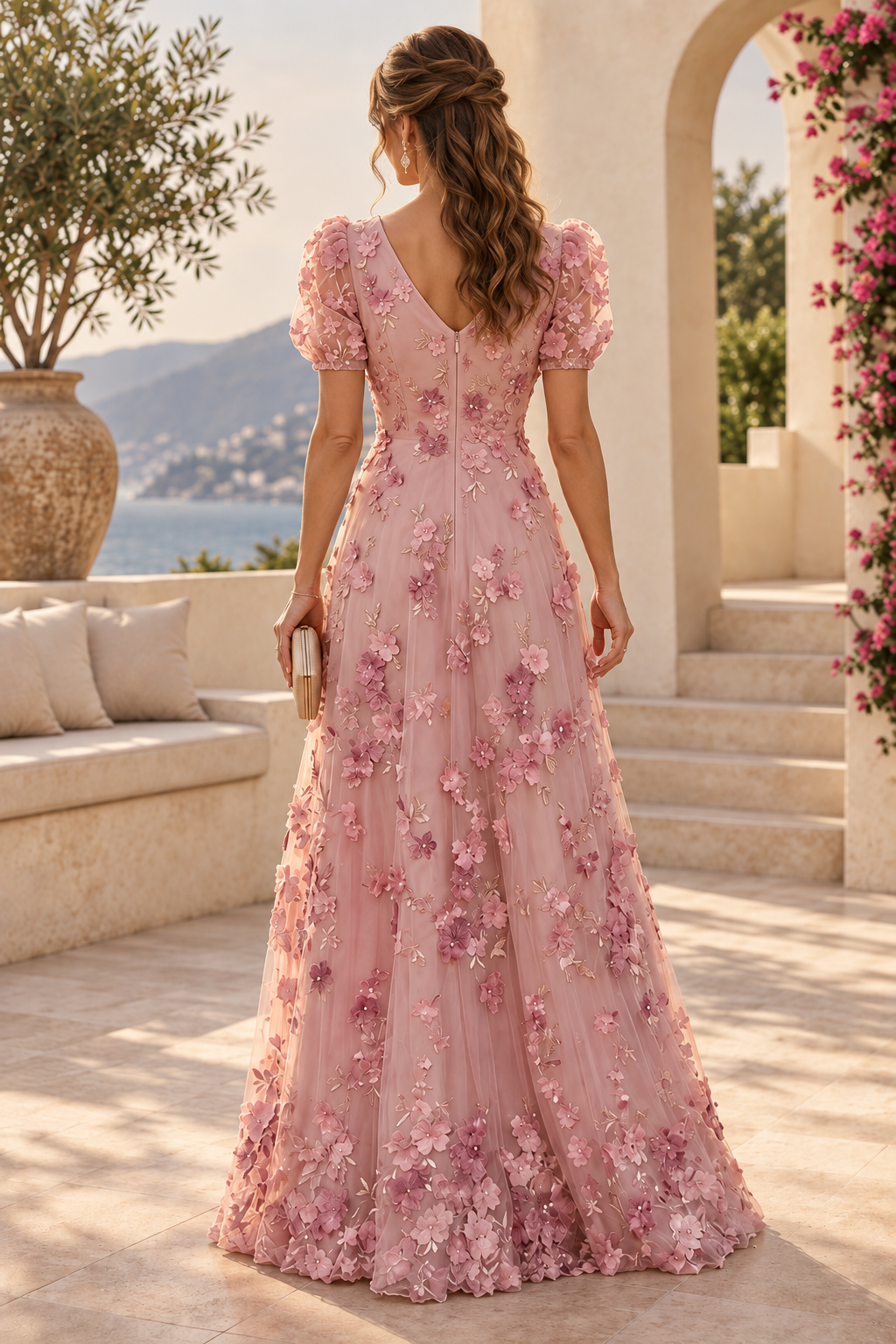 3D Floral Applique V-Neck Puff Sleeve A-Line Gown