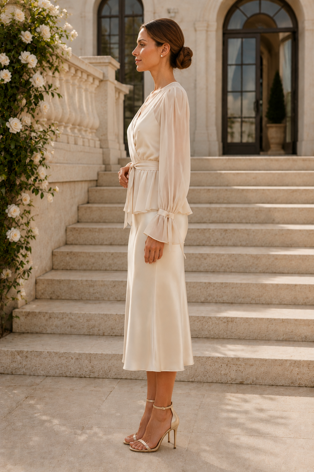 Long Sleeve Wrap Peplum Midi Dress with Flared Cuffs