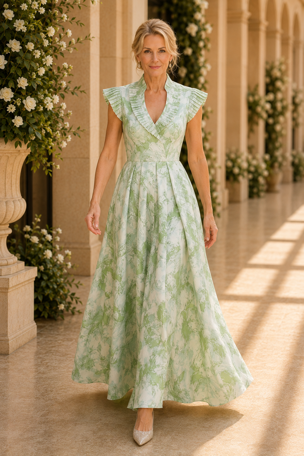 Pleated Collar A-Line Maxi Dress with Cap Sleeves