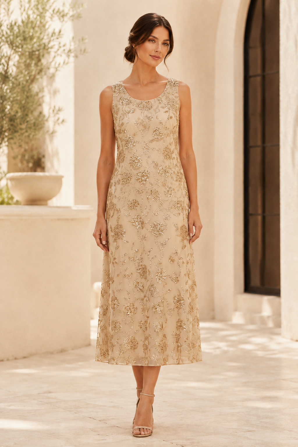 Sequin Beaded Floral Midi Dress with Jacket